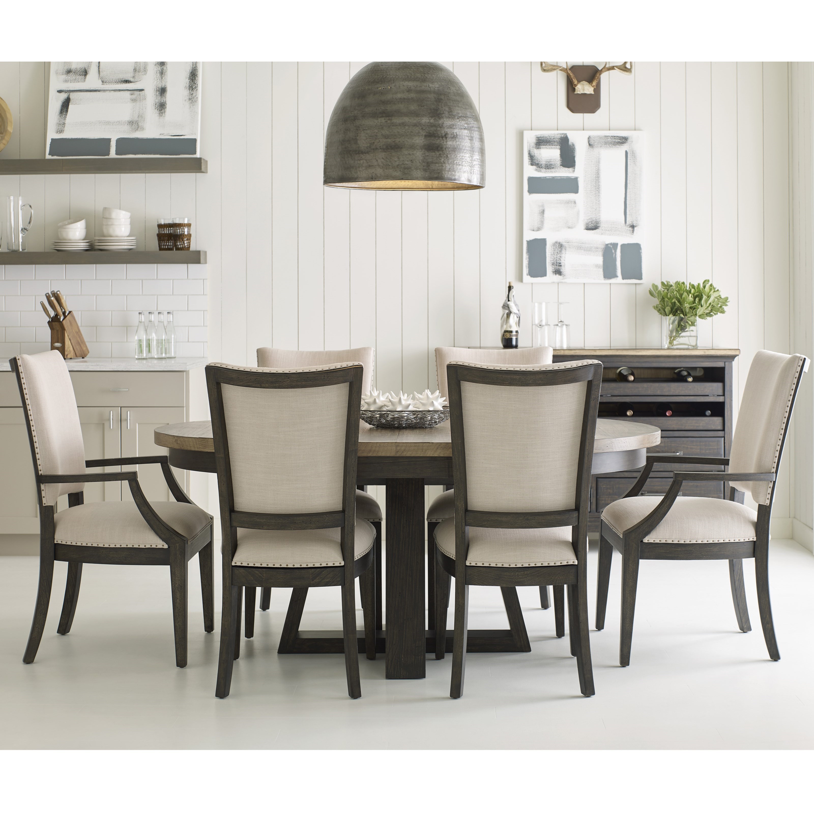 Kincaid Furniture Plank Road Seven Piece Dining Set with Button Table and Howell Chairs Johnny